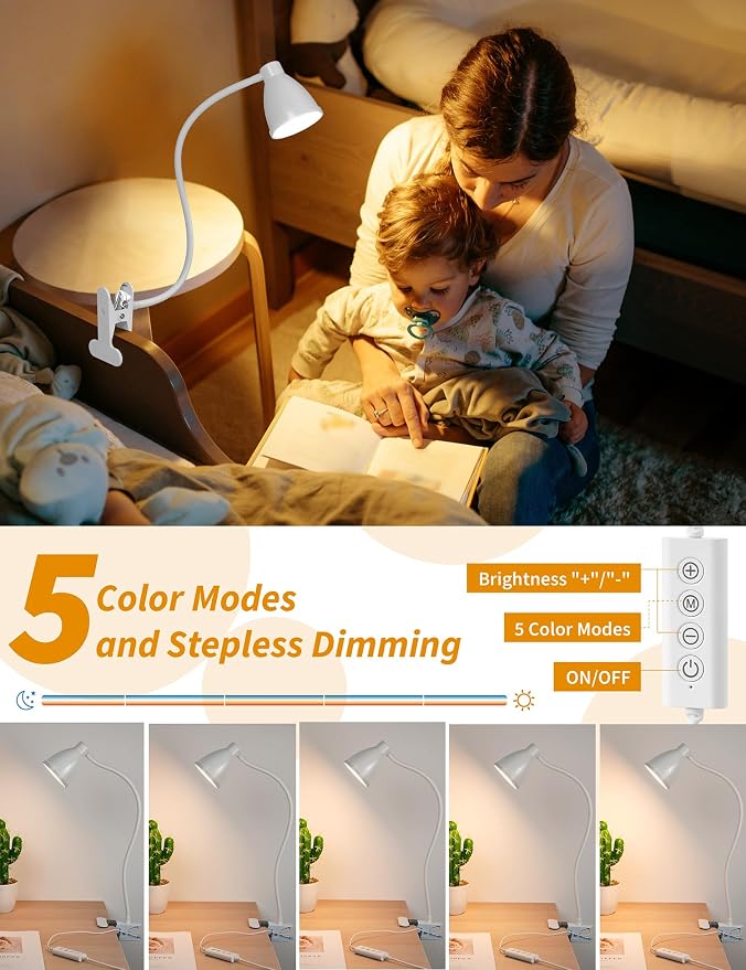 BOHON Clamp Lamp 5 Color Modes 10 Brightness Dimmer Bedside Lamp, White | Reading Light 10W 38 LED Desk Lamp with Auto Off Timer 360° Flexible Gooseneck Clip on Light for Bed Office, Adapter Include