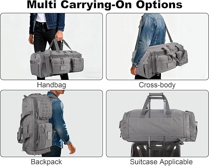 LHI 50L Tactical Duffle Bag for Men, 3-in-1 Gym Duffle and Backpack, Shoe Compartment, Laptop Sleeve and MOLLE, Carry-On Travel Weekender and Overnight Bag – Gray