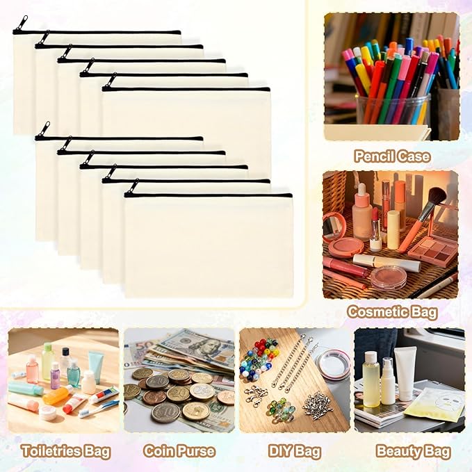 Gvhntk Blank Canvas Bag Zipper Pouch Makeup Bags Bulk Multi-Purpose Canvas Pencil Pouch Cosmetic Bag with Zipper Blank Travel Toiletry Bag for DIY Craft Storage(8.3 x 5 inches)