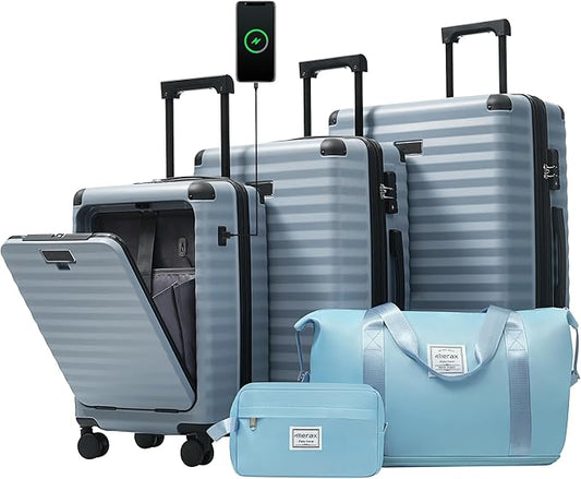Merax Luggage Sets Front Opening, 3 Piece Hardshell Suitcase with Spinner Wheels and Bags,Lightweight Carry on Luggage with USB Port and Cup Holder,20+24+28,Sky Blue