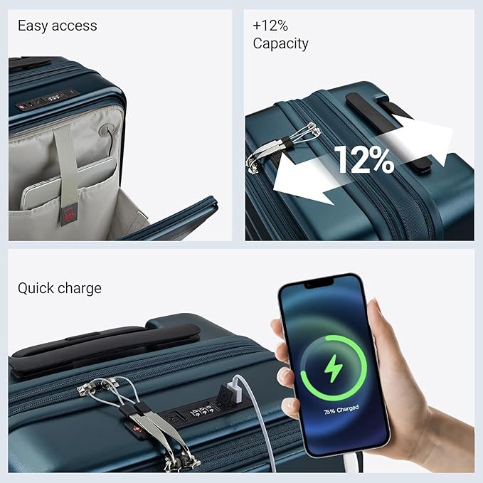 Carry On Luggage with Top Opening, Expandable with Front Pocket and USB Charging Port, Lightweight with front compartment Rolling Suitcases with Spinner Wheels (Navy, 20 Inch)