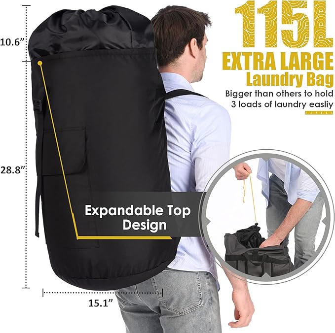 Backpack Laundry Bag, 115L Heavy Duty Extra Large College Laundry Backpack, Dirty Clothes Bag with Shoulder Straps, Laundry Hamper Bag with Drawstring Closure for College Dorm, Apartment Black