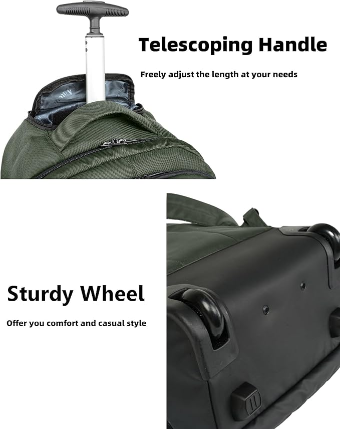 MATEIN Rolling Backpack, 17 Inch Travel Laptop Backpacks with Wheels, Water Resistant Large Roller Carry On Luggage Wheeled, Trolley Overnight Suitcase Business College Computer Bag, Green