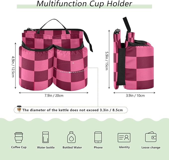 Checkered Hot Pink Luggage Cup Holder Travel Portable Free Hand Drink Carrier Suitcase Drinks Beverage Holder Carry-On Bottle Mug Holder Organizer Bag Travelers Accessories