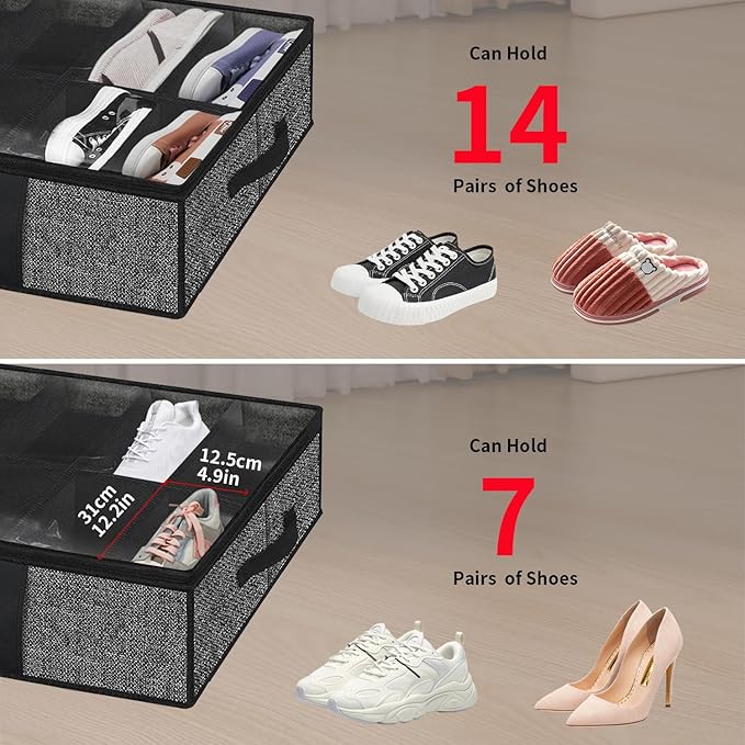 Onlyeasy 2 Pack Under Bed Shoe Storage Organizers with Handles & Clear window (Fit 14 +14 Pairs), Sturdy Underbed Box Organizer Shoe Storage Bags for Kids & Adults, Linen-like Black, MXAUBS14S14