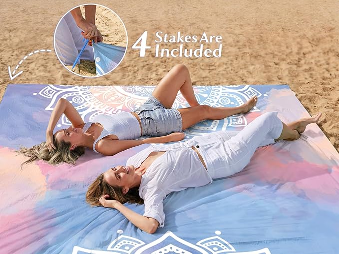 AlphaBeing Beach Blanket Waterproof Sandproof, Extra Large Beach Mat for 1–8 Adults, Oversized Picnic Blanket with 4 Stakes & Storage Bag, Essential Beach Gear for Travel