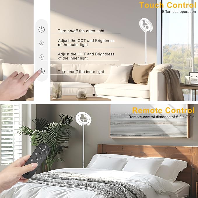 Torchiere Floor Lamp for Bedroom, 75.5 Inch Tall Corner Standing Lamp for Living Room with Rotatable Ring Lights, 36W Bright Dimmable LED Floor Light with Remote Control for Reading Office