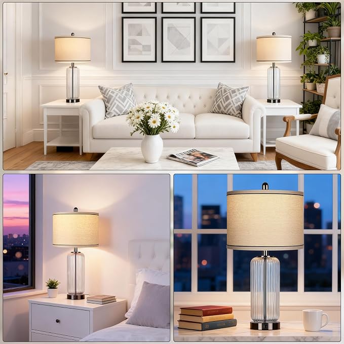 27" Black Glass Table Lamp, Modern Touch Beside Lamps, Desk Lamp Set of 2 | Vertical Grained Lamp Body, Large Nightstand Lamp, 3 Way Dimmable,LED Bulbs Included, Glass Lamps for Bedroom Living Room