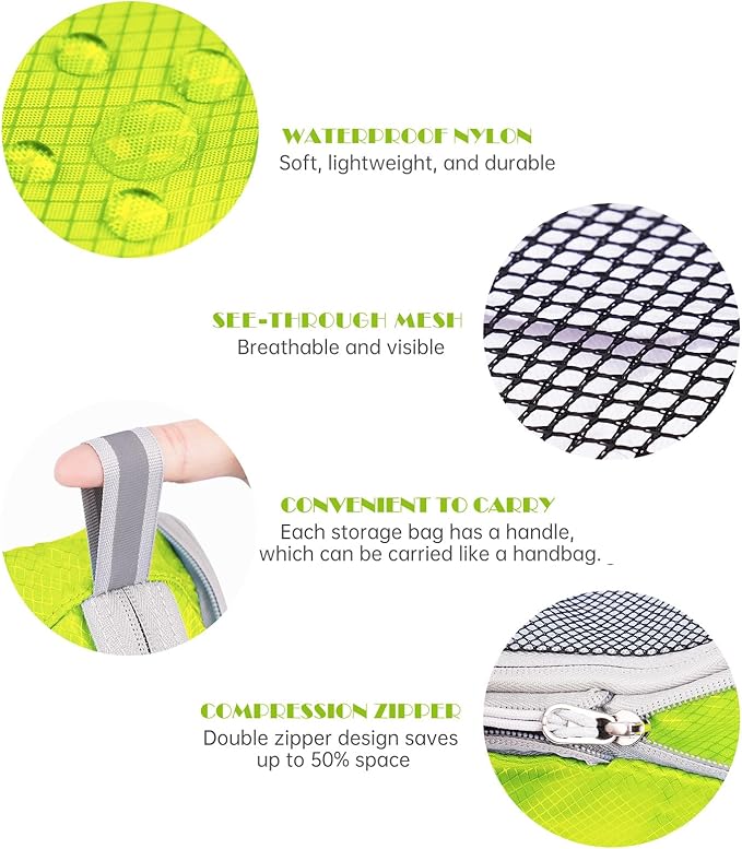 NiHome 7PCS Compression Packing Cube Set Expandable Mesh Travel Bag Luggage Organizers with Electronic Cable Cord Charger Organizer Drawstring Bag (Green)