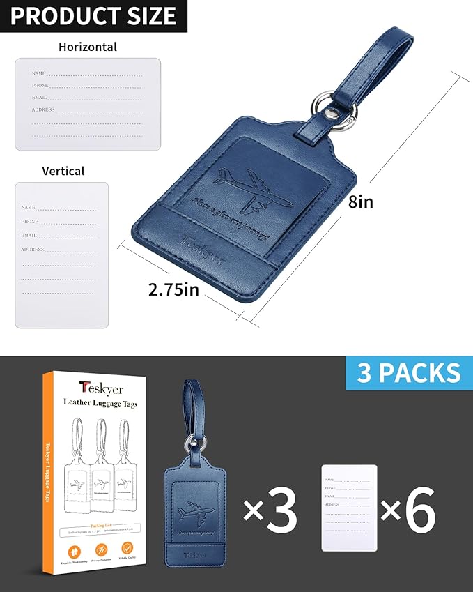 3 Pack Luggage Tags - Quick Install, Privacy Protection, Airplane Travel Essentials for Suitcases, Durable Leather - Blue