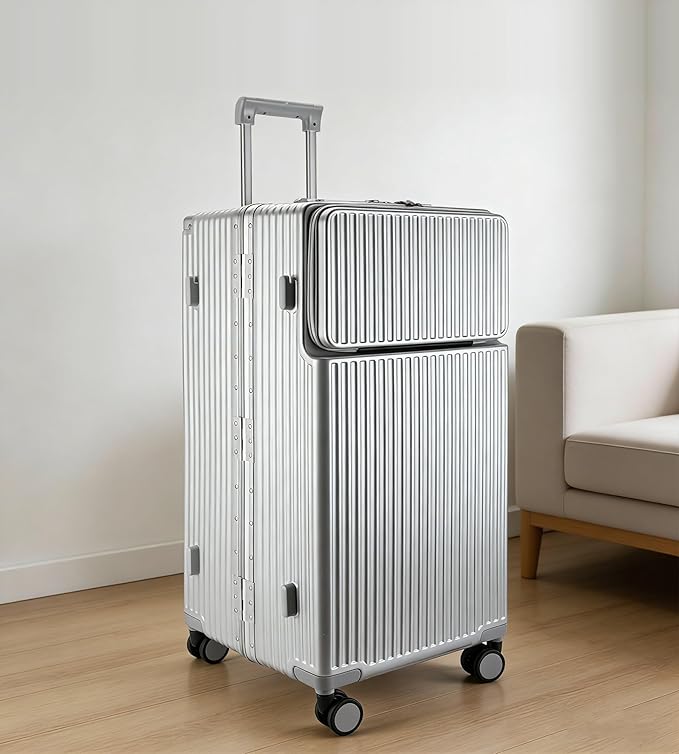 feilario 30in Super Large Captain Aluminum Frame Hardside Spinner Wheels Luggage, Zipperless Checked Suitcase with Front Compartment/Cup Holder/Phone Holder (Silver,30in)
