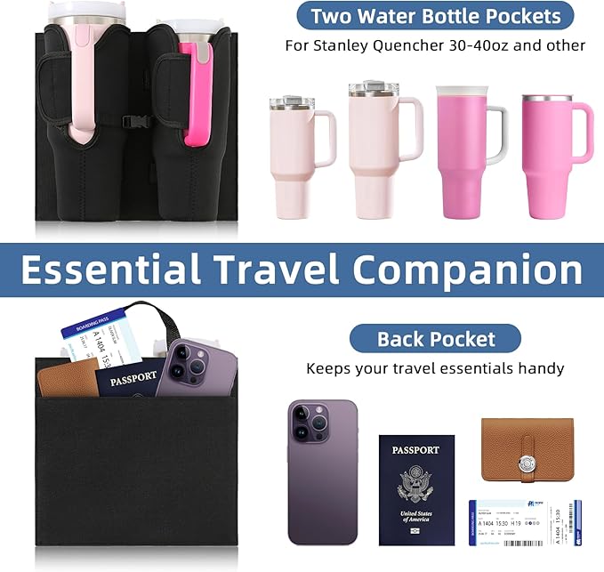 Luggage Cup Holder for Suitcases, Compatible with 30-40 Oz Stanley Tumblers, Foldable Luggage Cup Holder with Phone & Ticket Pocket, Waterproof Hands-Free Travel Accessory (Black)