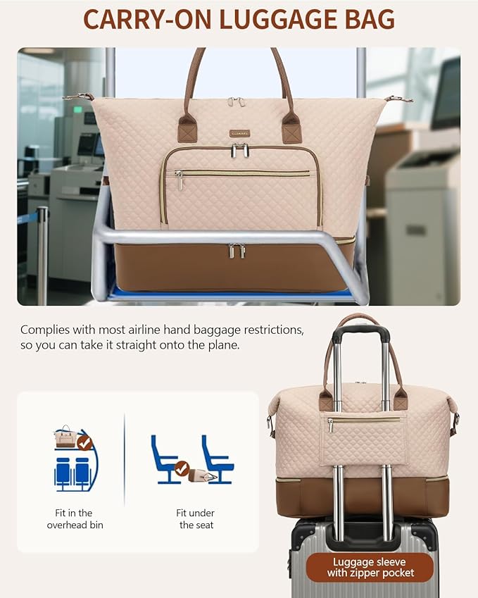 Duffle Bag for Women Travel, Weekender Bag Overnight Bag with Shoe Compartment, Carry on Bag with Crossbody Purse for Over Night, Weekend, Yoga, Gym, Business Trips, Hospital, Nude Brown
