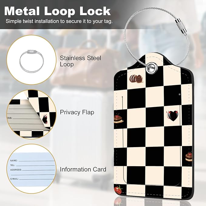 2Pack Luggage Tags for Suitcases, Cute Unique Pu Leather Cruise Luggage Tag with Privacy Cover ID Label Address Card and Metal Ring Suitable for Women Men Kids Travel Bag Beige Black Plaid