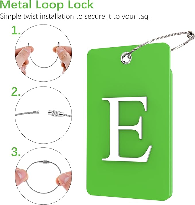 Gostwo 2 Pack Luggage Tags for Suitcases, 26 Initial Letter Travel Luggage Baggage Identification Labels ID Tag Fully Bendable Tags with Stainless Steel Loop (Green) (Letter E)