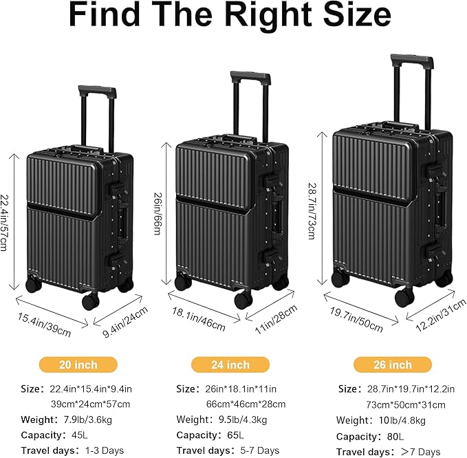 Hard Shell Luggage 20 Inch Travel Luggage, 22x14x9 Airline Approved with TSA Lock, ABS Aluminum Frame, Lightweight Travel Luggage 20'' 24'' 26'' Carry-On (Upgraded Black, 20 Inch)