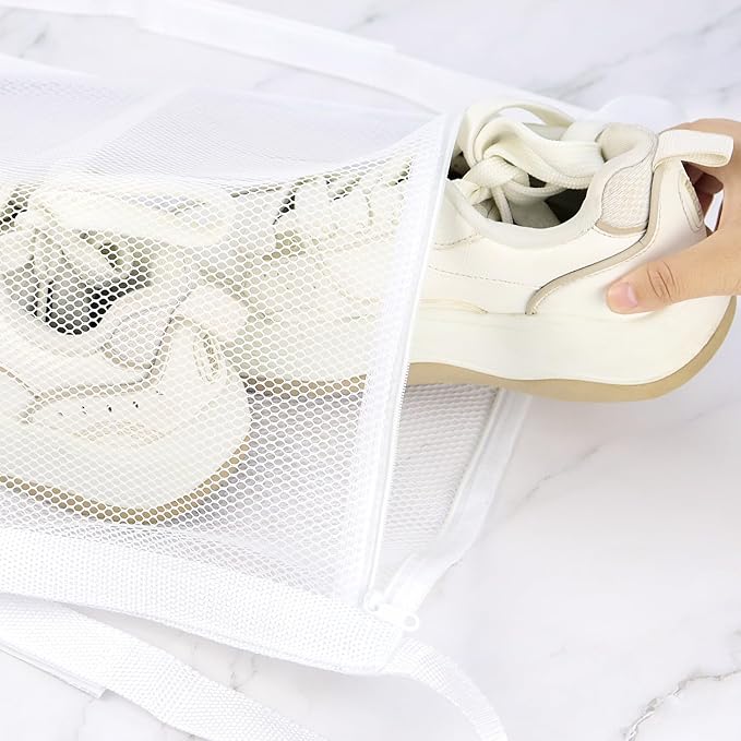 2 Pack Sneaker Dryer Bag 15.7x15.7 Inch Dry Net Bag for Dryer with Zipper and Strap for Shoes, White Large HoneyComber Mesh Bags for Washing Machine