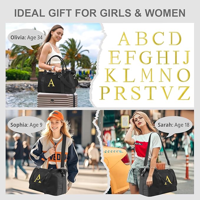 Personalized Initial Gym Dance Bag, Travel Duffel Bag for Teen Girls, Carry On Bag Overnight Weekender Bag with Trolley Sleeve, Birthday Gifts for Women Mom Daughter Graduation Gift(Letter A, Black)