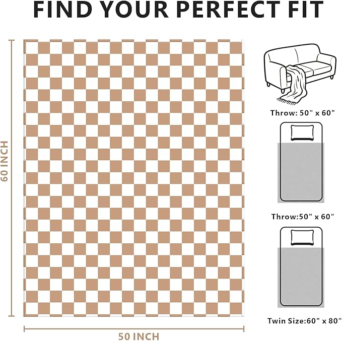 Checkered Blanket Flannel Throw Blankets Soft Cozy Checkered Grid Print Chessboard Gingham Pattern Throws for Bed Sofa Couch for All Seasons, 50x60 Inch, Blonde