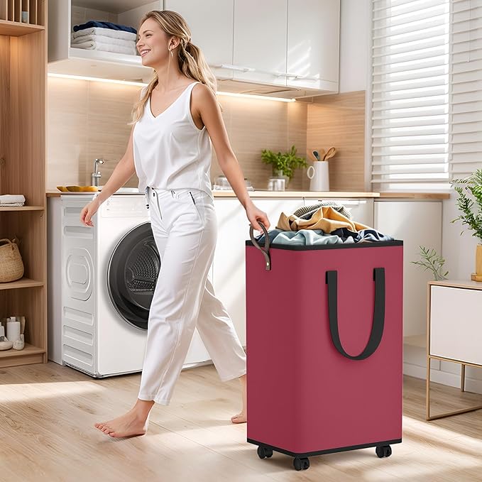 Laundry Basket with Wheels, Collapsible Laundry Baskets, Laundry Hamper with Handles Detachable Wheels, Rolling Laundry Basket, Dirty Clothes Hamper for Bathroom, Dorm, Bedroom, Red, 80L