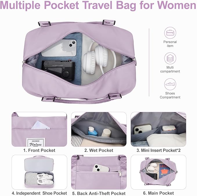 Large Weekender Bags for Women, Travel Duffel Bags with Shoe Compartment,Personal Item Travel Carry on Overnight bag for women Travel Set,Purple