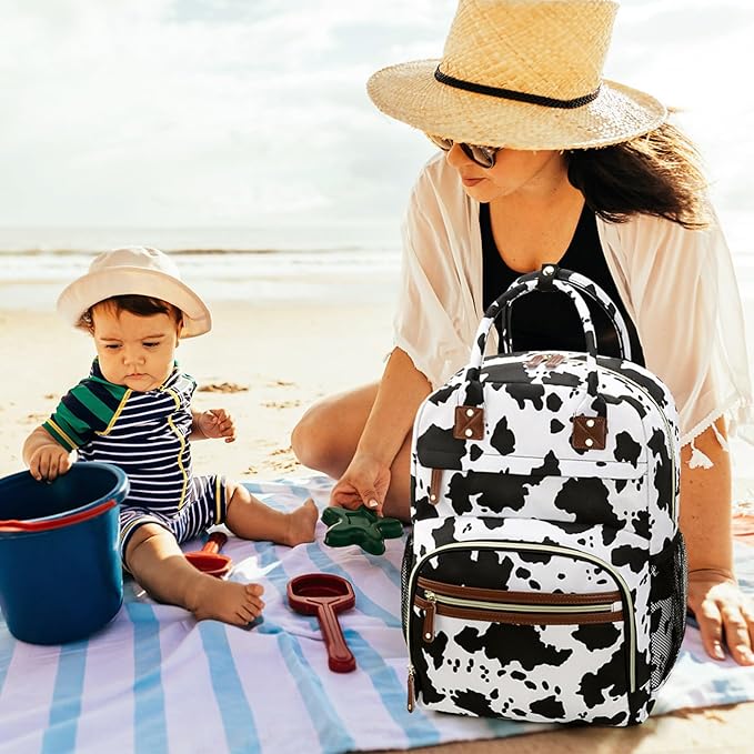 Tenot Large Capacity Baby Diaper Bag Backpack with Insulated Pockets, Waterproof, Stylish Cow Print Design, Suitable for Boys and Girls