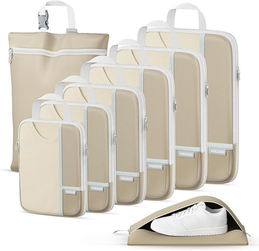 Percover Compression Packing Cubes 8-Piece Set, Packing Cubes Compression for Travel with Laundry Bag & Shoe Bag, Travel Organizer for Carry On & Checked Luggage, Camel