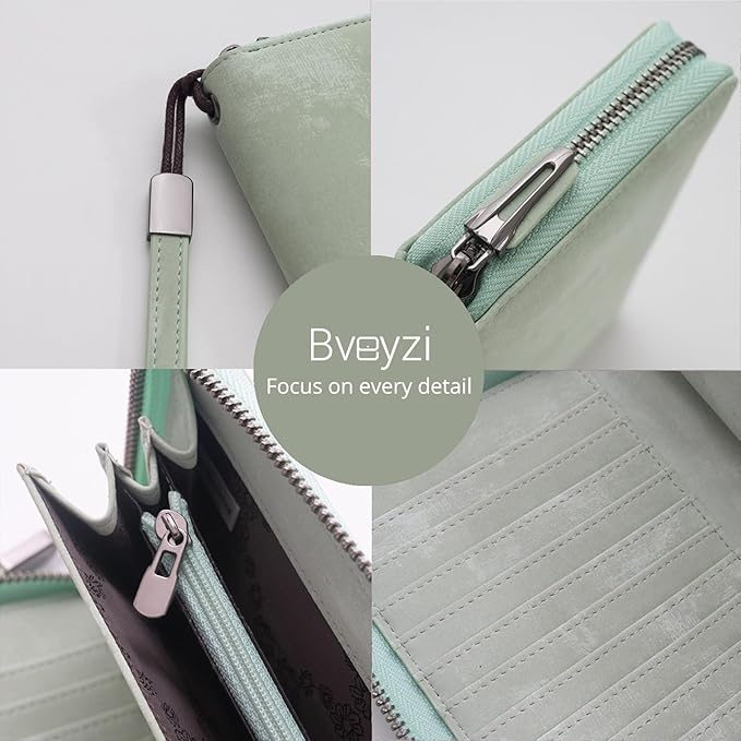 Bveyzi Women RFID Blocking Wallet Leather Zip Around Phone Clutch Large Capacity Ladies Travel Purse Wristlet | RFID Blocking, Zip Around, Large Capacity