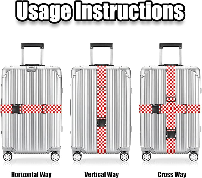 Nuxovilar Luggage Straps of 2 Set Red White Checkered Pattern, 1.96x90.5 inches - Luggage Straps for Suitcases, Suitable for Road Trips, Business Travel, Daily Commute