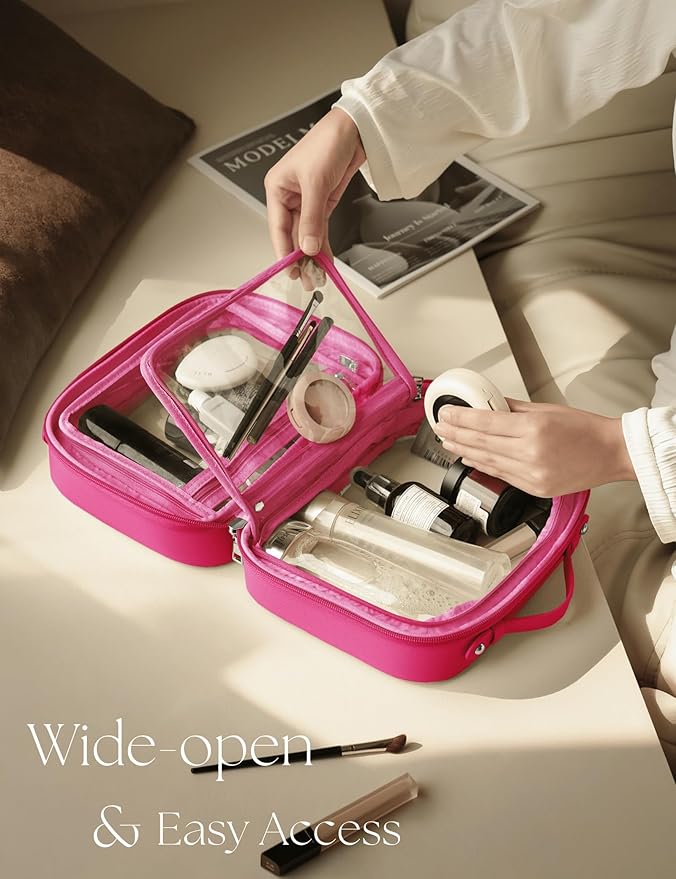 Clear Cosmetic Bag Double Layer Travel Toiletry Bag Clear Makeup Bag Case with 4 Compartments, Transparent Travel Bag for Toiletries, Large Toiletry Bag for Women Cosmetic Case (Hot Pink, Large)