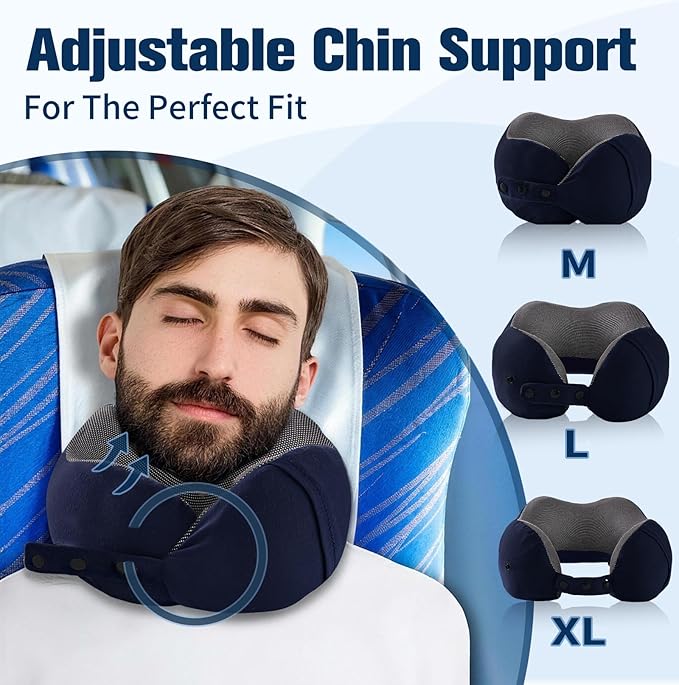 Neck Pillow for Traveling, Travel Pillows for Airplanes,100% Pure Memory Foam Travel Neck Pillow, Adjustable Flight Pillow, Portable Plane Accessories with Eye Mask, Earplugs, Carry Bag