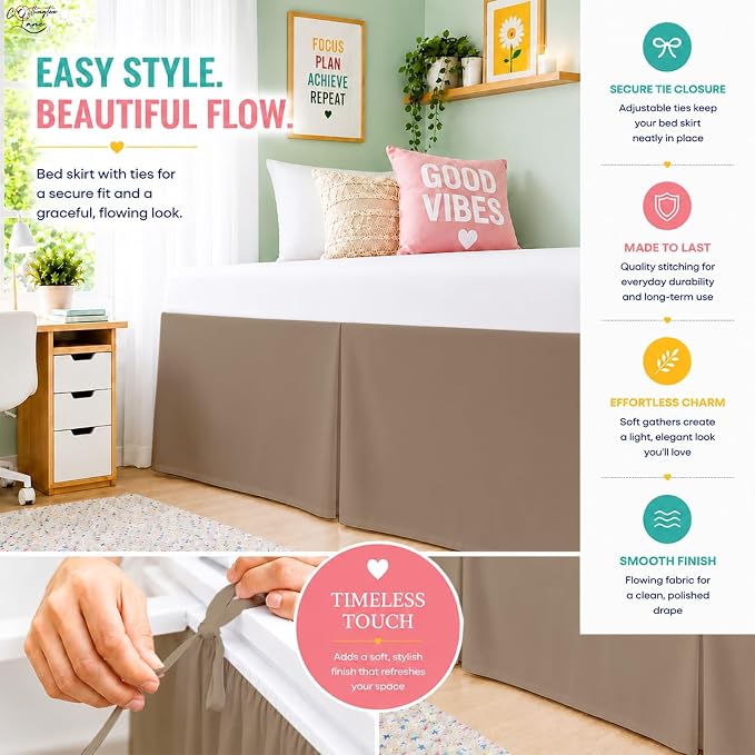 Cottington Lane Tailored Box Pleated College Dorm Bed Skirt Twin XL, Hotel Quality Premium Brushed Microfiber Extra Long Bedskirt Twin XL 30 Inch Drop, Taupe Dorm Bedding