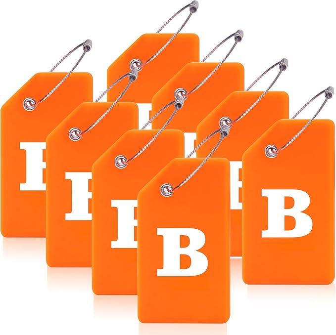 Gostwo 8 Pack Luggage Tags for Suitcases, 26 Initial Letter Travel Luggage Baggage Identification Labels ID Tags Fully Bendable Tags with Stainless Steel Loop (Letter B, Orange)