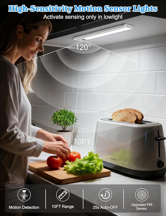VerRon 6-Pack Under Cabinet Lighting with Charging Station, 8inch | 2000mAh Rechargeable, 3 Color Temps, Dimmable, Magnetic Mount, Wireless Motion Sensor Lights for Kitchen, Closet, Stair