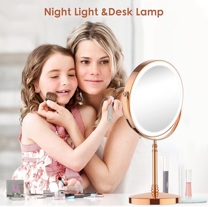 DEIOVWXS Makeup Mirror, 3000mAh Rechargeable Double-Sided Magnifying Vanity Mirror with 3 Colors, 1X/10X, 360° Rotation, Adjustable Brightness, Gifts for Mom, Women,Wife, Girls, Dorm Room Essential