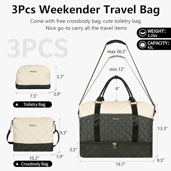 Weekender Bag, Large Travel Duffel Bag for Women, Carry on Overnight Bag with Shoe Compartment and Toiletry Bags