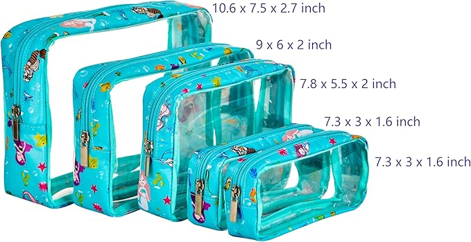 TSA Approved 5-Piece Diaper Bag Organizer Pouch Set Clear Waterproof TPU Kids Toiletry Storage Set Travel Packing Clutch Cube Bags for Baby Nursing(Mermaid)