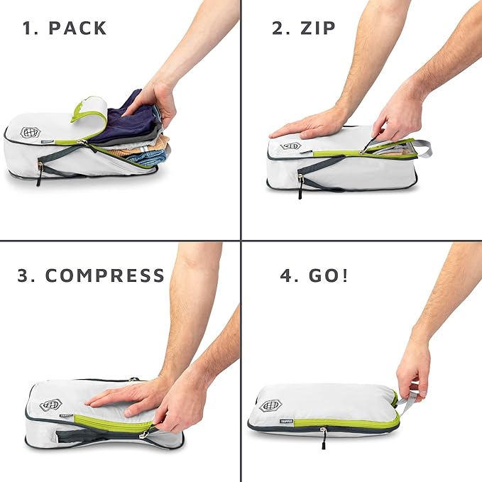 Compression Packing Cubes 2 Piece Set for Carryon Suitcases- Lightweight, Durable Clothes Organizer (White and Green)