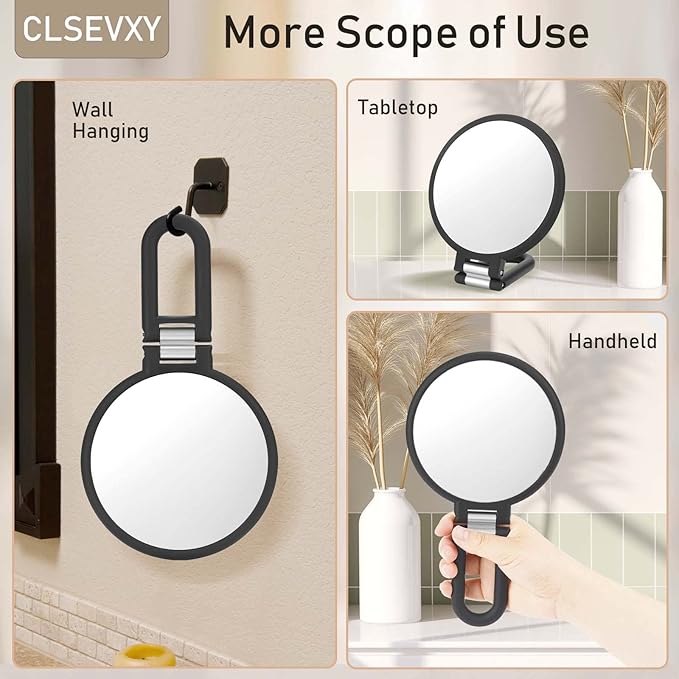 CLSEVXY Magnifying Handheld Mirror Double Sided, 1X 15X Magnification Hand Mirrors, Travel Folding Hand Held Mirror, 360°Rotation Pedestal Makeup Vanity Mirror