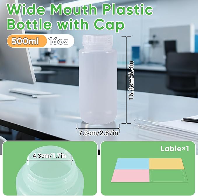 DEMORA 16 oz Plastic Bottles with Lids, Airtight Refillable Wide Mouth Travel Bottles for Toiletries, PP Food Grade Plastic Containers for Liquids Pill Water Sample Lab Reagent (Clear, 2 Pcs)