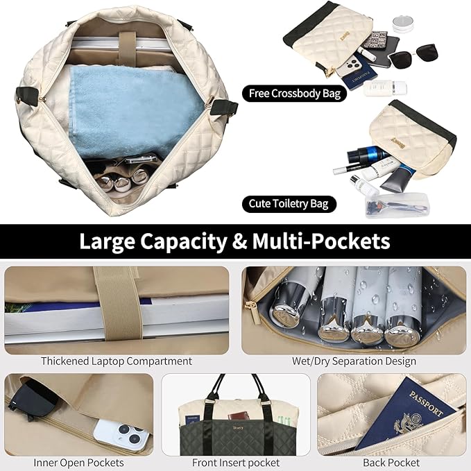 Weekender Bag, Large Travel Duffel Bag for Women, Carry on Overnight Bag with Shoe Compartment and Toiletry Bags