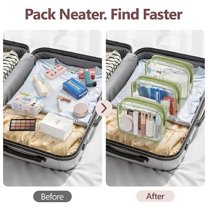 PACKISM TSA Approved Toiletry Bag - Clear Makeup Bag 3 Pack Medium, Quart Size Bag for 3-1-1 Liquids with Metal Smooth Zipper, Travel Makeup Bag for Women, Airport Airline Compliant Bag, Sage Green
