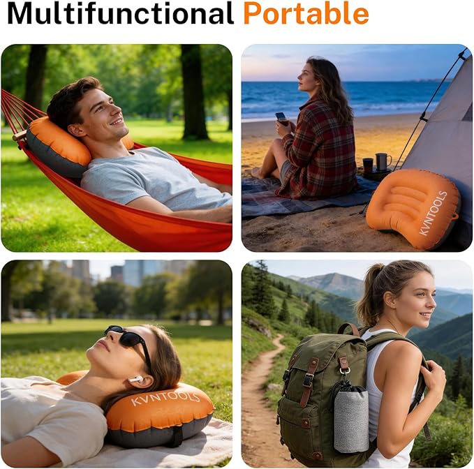 Camping Travel Pillow-Compressible,Ultralight Inflatable,Compact, Comfortable, Ergonomic Inflating Pillows for Neck & Lumbar Support While Camp, Hiking, Backpacking (Blue+Orange 2pcs)