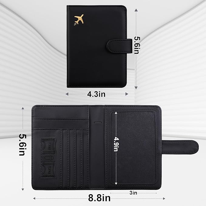 GOAUS Passport Holder for Travel with AirTag Slot Cards Cash Pocket, Faux Leather Travle Wallet Gifts for Women Men RFID Blocking Book Case Black, AirTag Not Included