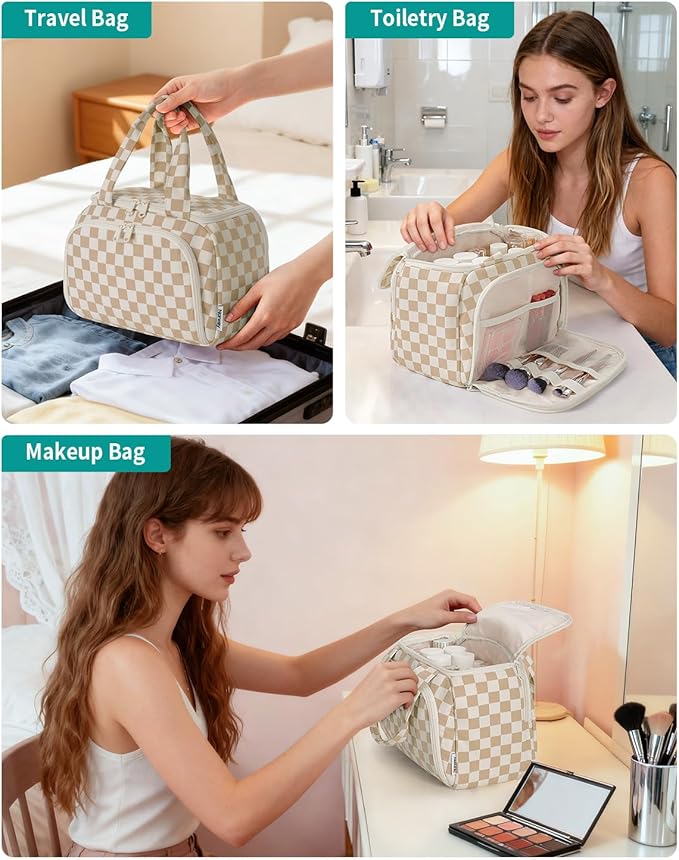 Narwey Checkered Travel Toiletry Bag for Women Large Makeup Bag, Wide-open Cosmetic Make Up Organizer with Handle, Travel Bag for Toiletries, Essentials, Accessories (Light Brown Checkerboard)