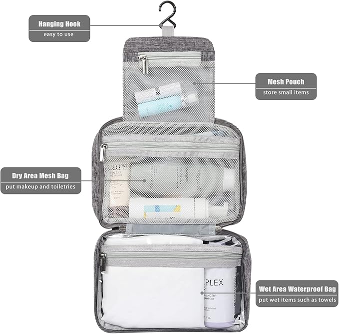 Etercycle Toiletry Bag for Women Men, Waterproof Hanging Toiletry Bags for Traveling, Portable Foldable Travel Wash bag with Hanging Hook, Shaving Bag for Bathroom Shower- Gray