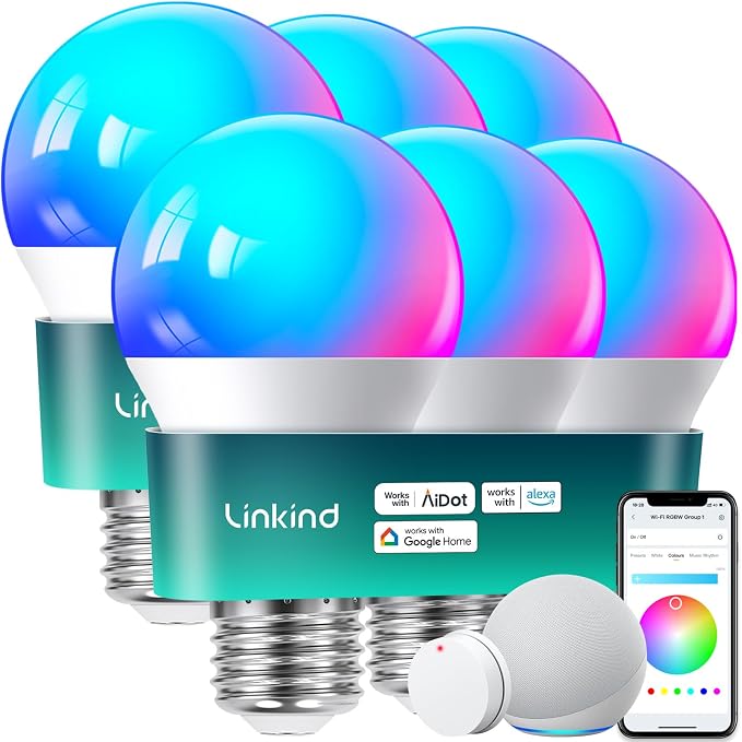 Linkind Smart Light Bulbs, Work with Alexa, Google Home, AiDot | Remote Control, 16 Million Color Changing, 1800K-6500K White, 2.4G WiFi+Bluetooth, Preset Scene, A19 E26, 60W 800LM, 6Pack