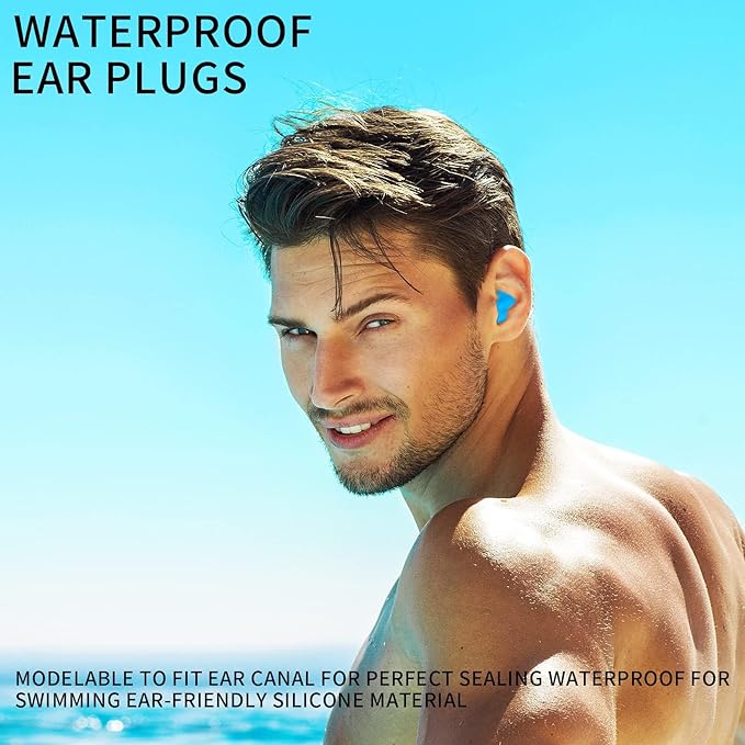 24 Pcs Silicone Ear Plugs for Sleeping, Soft Silicone Earplugs for Sleep, Noise Cancelling Reduction Earplugs for Swimming, Travel, Snoring, Concerts, Airplane, Motorcycle, Musicians, Blue/Clear