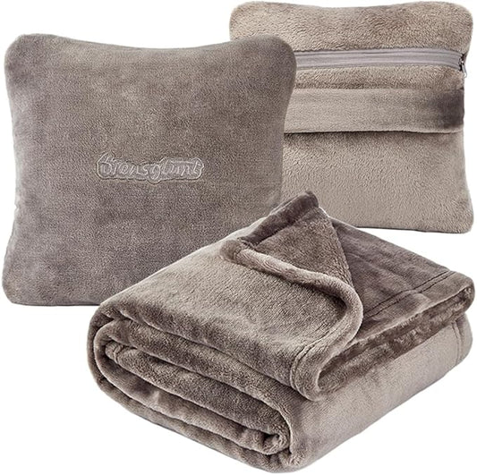 Travel Blanket Pillow, Premium 2 in 1 Flannel Airplane Blanket Compact for Travel,Office, Home,Travel Essentials Accessories for Plane and Car,Compact Office Blanket (Gray)