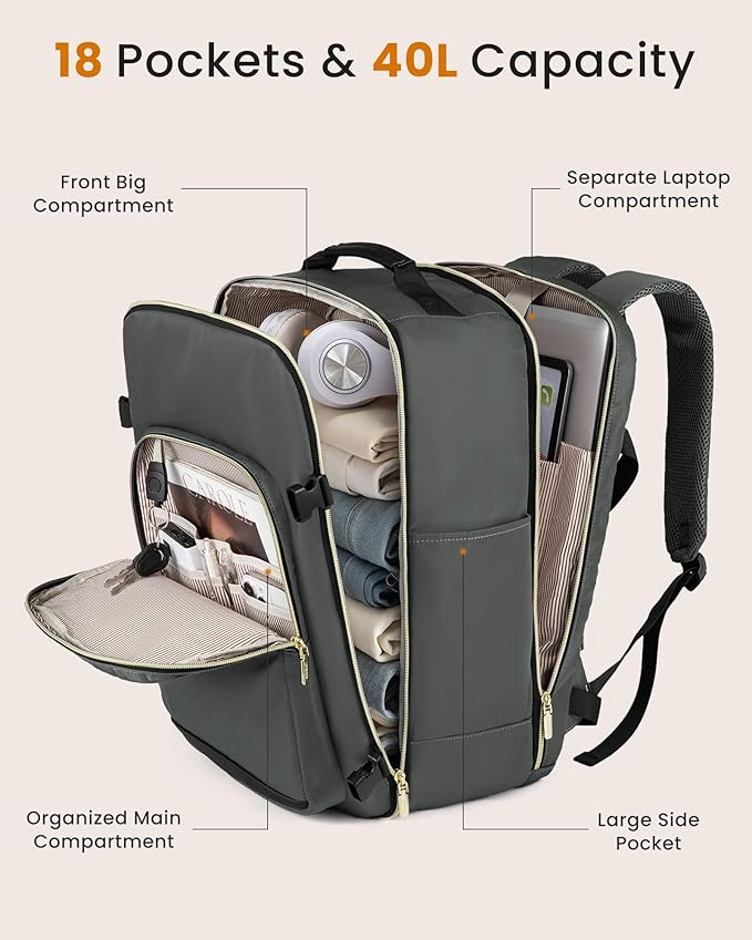 LOVEVOOK 40L Large Travel Backpack for Women, Carry on Backpack Airline Approved, Waterproof Travel Essentials fits 18" Laptop, TSA Personal Item Travels Bag Sports Backpack with 3 Packing Cubes